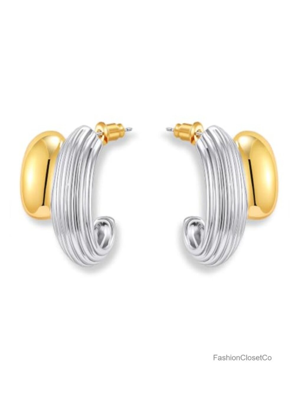 Two Tone Mixed Metal Open C Hoop Earrings Stainless Steel